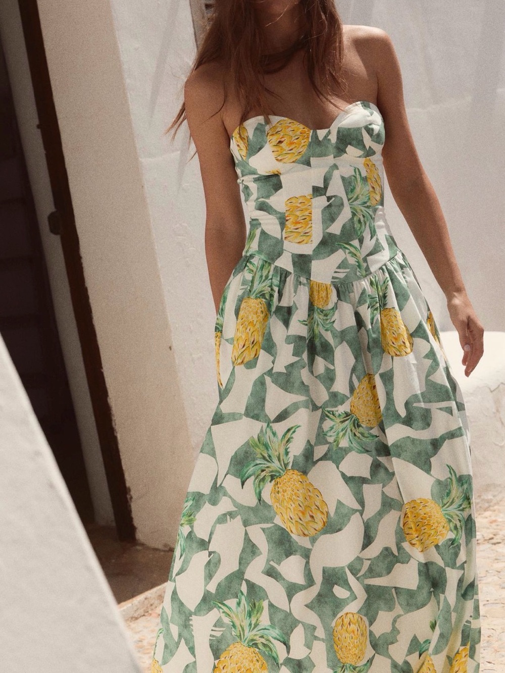 Zara Strapless Fruit Print Maxi Dress - Green & Yellow